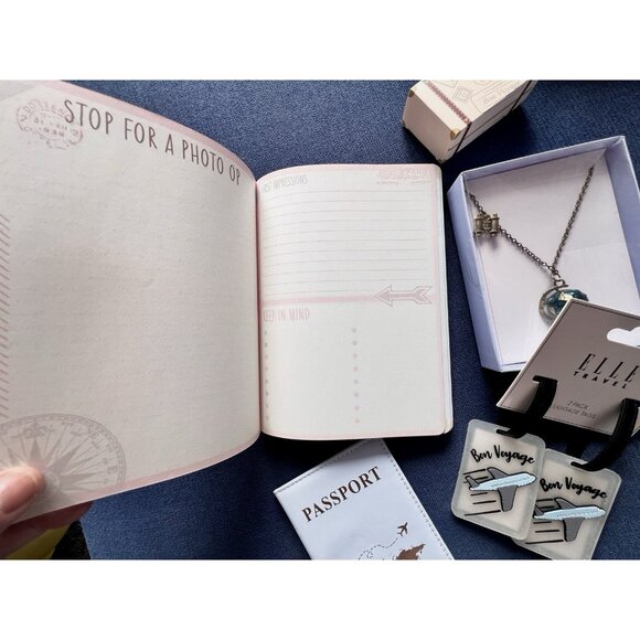 TRAVELER 5 Pc Gift Guided Journal Passport Cover Bag Tags Globe Necklace TRAVEL - Picture 5 of 10